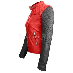 Another classic, this women red leather jacket with black sleeves is a definite must-have for this winter season. The sheer class and a premium look and feel exude brilliance, attention to detail and a contemporary take on modern fusion in leather jackets. Made with 100% high quality, genuine leather, the jacket is designed to complement a whole bunch of different outfits. You can wear it with your jeans and t-shirt, a blouse, a skirt, and a party dress. The versatility of the jacket in terms of a fashion statement makes an essential addition to your wardrobe. Moreover, you can ever wear it in the fall! With Brando-styled notch lapels in the center and side zip, the jacket comes with a nice and shiny gleam and a deep matte finish. The jacket also comes with zipped sleeves and has one ribbo Red Fitted Leather Biker Jacket, Red Fitted Leather Jacket For Winter, Fitted Red Leather Jacket For Winter, Pink Biker Jacket, Quilted Leather Jacket, Leather Blazer Women, Black Leather Blazer, Blue Leather Jacket, Black Sleeves