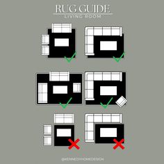 the rug guide for living room with four different sections and two red arrows pointing to each other