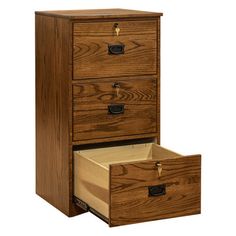 two drawers with one open drawer and the other closed on top of each file cabinet