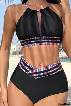 Olivia Mark - Halter Cross Strap Bikini Set with Open Back in Elegant Black Print Plus Size Yoga, Plus Size Bra, Summer Color, Plus Size Swimwear, Lingerie Fashion, One Piece Swimwear, Color Stripes, Cross Straps, Black Print