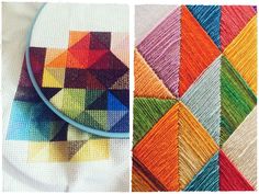 two pictures with different colored squares on them and one has a cross stitch pattern in the middle