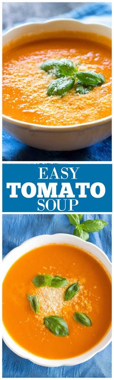 two pictures of tomato soup with basil leaves on top