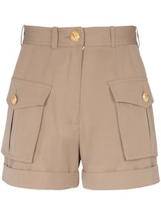 camel brown wool turn-up hem high waist belt loops embossed gold-tone buttons front button and zip fastening two side inset pockets two front flap pockets two rear welt pockets Cargo Shorts Women, Pierre Balmain, Mini Shorts, Lady Dior, Shorts With Pockets, Designer Outfits Woman, High Waisted Shorts, Flap Pocket, Cargo Shorts