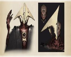 two pictures of an alien like creature with long horns