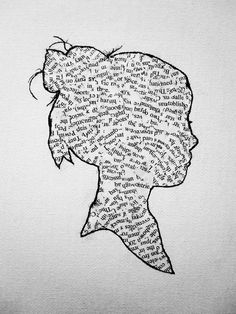 a drawing of a woman's head with words all over it