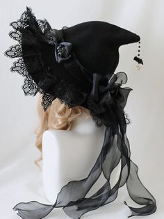 Demon Wings Bowknots Lace Trim Goth Witch Hat 4 Color Options Witch Accessories Costume, Custom Witch Hat, Witch’s Hat, Decorate Witches Hat, Sew Witch Hat, Goth Accessories Diy, Witches Hats Decorations, Goth Apron, Witch Costumes For Women Diy