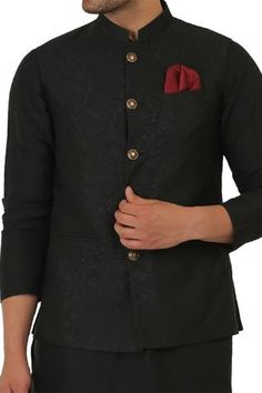 Shop for Manish Nagdeo Black Cotton Silk Button Front Bundi And Kurta Set for Men Online at Aza Fashions Black Nehru Jacket, Collar Kurta, Kurta Set For Men, Long Kurta, Nehru Jacket, Tarun Tahiliani, Nehru Jackets, Self Design, Manish