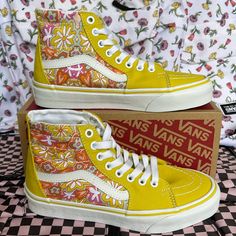 New In The Box Authentic Women’s Vans Wmns Sk8-Hi Tapered Psychedelic Resort Passio Vn0a5krublx Sneakers Vans Yellow, Rv Trip, Clothing Diy, Shoes Vans, Sk8 Hi, Vans Sneakers, Womens Vans, Vans Shoes, Style Board