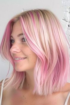 Unique Blonde Hair Color Ideas Fun, Pink Roots Hair, Pink Highlights In Blonde Hair Straight, Short Vivid Hair, Light Pink Hair Highlights, Bubblegum Pink Hair, Pink Hair Color Ideas, Pink Blonde, Pink Hair Color