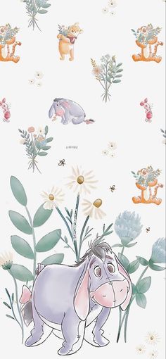 a drawing of a hippo surrounded by plants and flowers on a white wallpaper background