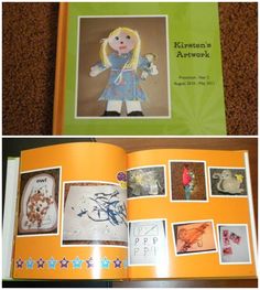 the children's artwork book is open to show pictures