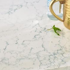 a marble counter top with a gold coffee mug and green leafy plant on it