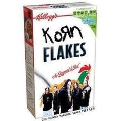 korn flakes cereal box with the image of four women in black on it