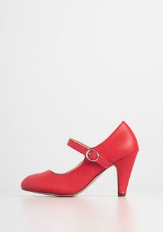 Kickin' Up Feels Mary Jane Heel | ModCloth Red Mary Jane Heels, Beige Ankle Strap Heels, 1950s Fashion Shoes, Faux Leather Outfits, Rock Around The Clock, Vintage Inspired Shoes, Black Strap Heels, Trendy Womens Shoes, Business Casual Shoes