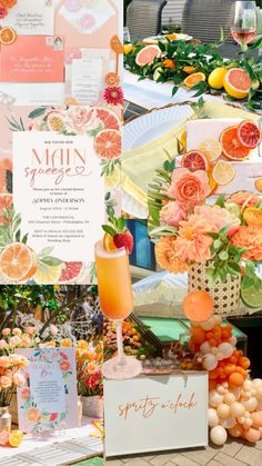 an assortment of fruit and flowers on display in front of a table with menus