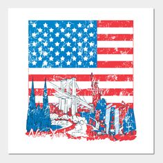 an american flag with the statue of liberty and new york in red white and blue