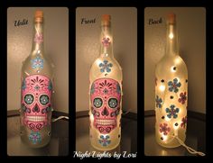 three different images of a bottle with a skull painted on it and lights attached to the side