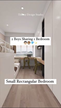 two boys sharing 1 bedroom small rectangler bedroom in the same room with white walls and