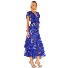 Nwt Tanya Taylor Janelle Dress In Surreal Floral Blue Luxurious Stretch-Silk Maxi Flaunts Pleated Tiers Giving Texture To The Printed Piece. V-Neck Short Ruffle Sleeves Concealed Back Zip Front Open Ring Cutout Pleated Tiered Skirt Asymmetric Hem Burnout Texture Finish Lined Self: 60% Rayon, 40% Silk Lining: 100% Poly Dry Clean Imported Size & Fit Fits True To Size About 47'' From Shoulder To Hem Tags: Wedding Guest, Summer, Spring Party, Mermaidcore, Girly, Ruffles, Classy, Romantic, Garden Par Blue Summer Evening Maxi Dress, Chic Blue Silk Maxi Dress, Blue Silk Midi Dress With Short Sleeves, Blue Evening Maxi Dress For Spring, Blue Maxi Dress For Evening In Spring, Short Sleeve Blue Silk Midi Dress, Royal Blue Maxi Dress For Spring, Spring Evening Blue Maxi Dress, Royal Blue Fitted Maxi Dress For Spring