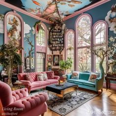 a living room filled with lots of furniture next to large windows and paintings on the walls