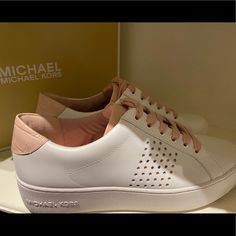 Michael Kors Poppy Lace Up Lasered Leather Sneakers . Color Optic White/Pink Size 8.5 New With Box Never Used/Worn Pink Leather Sneakers With Perforations, Pink Perforated Sneakers For Spring, Pink Slip-on Sneakers With Perforations, Michael Kors Pink Lace-up Sneakers, Pink Michael Kors Lace-up Sneakers, Pink Leather Sneakers For Spring, Michael Kors Slip-on Sneakers For Spring, Michael Kors Lace-up Sneakers For Spring, Michael Kors Sneakers With Textured Sole