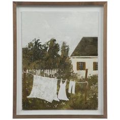 Dimensions: 20.75" H x 16.75" x 1.25" D Material: MDF & Glass Shape: Rectangle Color: Brown, White, Green & Gray Orientation: Vertical Includes: 2 D-Rings Age Grade: 14+ Quantity: 1 Give any room a charming aesthetic by displaying this Clothesline & Home Framed Wall Decor. This piece features a painterly image of a house next to a lush green forest. Faint clouds dot the sky as laundry dries on a clothesline in front of the house. The white pants, shirt, and floral sheet stand out against the gre Bathroom Wall Art Green, Laundry Room Prints, Mudroom Wall Decor, Laundry Room Ideas Green, Hobby Lobby Laundry Room Decor, Mudroom Art, Laundry Room Decorations, Southern Charm Decor, Vintage Farmhouse Bathroom