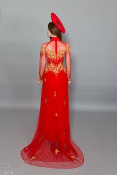 Custom made red bridal Ao Dai with gold lace Collar: 1.8''/4.5cm Beaded illusion neckline Long sleeves Zipper closure Chiffon pants Chapel train (20''/50cm) Beadings: yes Materials: chiffon, tulle, lace Elegant Red Ao Dai For Ceremonies, Elegant Red Ao Dai For Ceremony, Lace Ao Dai For Wedding, Wedding Dresses With Gold Embroidery In Red, Traditional Red Ao Dai For Wedding, Red Wedding Dresses With Gold Embroidery, Elegant Red Dress With Gold Embroidery, Elegant Red Ceremonial Dress, Red Dress With Gold Embroidery For Traditional Ceremonies