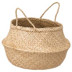 a round basket with two handles on the bottom and one handle hanging from it's side