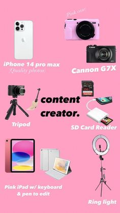 a pink background with different types of electronics