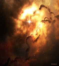 an image of a star in the sky with clouds and stars around it, as if from outer space