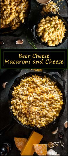 cheese macaroni and cheese in a cast iron skillet with two servings on the side