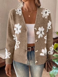 Details:Button \nStyle:Casual \nNeckline:V neck \nColor:Khaki \nPattern Type:Floral \nSleeve Length:Long Sleeve \nFit Type:Regular Fit \nLength:Regular \nMaterial:Knitwear \nComposition:75% Polyester \nComposition:23% Polyamide \nComposition:2% Elastane \nCare Instructions:Machine wash or professional dry clean \nSheer:No \nFabric:Slight Stretch \nTemperature:Late Fall (10-17℃/50-63℉) \n Women's Cardigans, Long Sleeve Knitted Cardigan, Late Fall, Button Front Cardigan, Lightweight Cardigan, Knitted Cardigan, Knitwear Women, Long Sleeve Knit, Maternity Bag