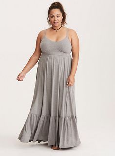 Tiered Jersey Maxi Dress, HEATHER GREY, hi-res Petite Plus Size Outfits, Petite Maxi Dress, Petite Plus Size, Jersey Maxi Dress, Curvy Fashionista, Maxi Jersey Dress, Fitness Clothing, Plus Size Maxi, Plus Size Maxi Dresses