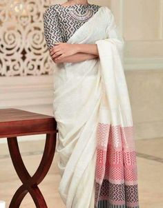 Modern Saree, Sari Dress, Linen Sarees, Indian Saree Blouse, Indian Saree Blouses Designs, Salwar Kamiz, White Saree, Designer Saree Blouse Patterns, Saree Blouse Designs Latest