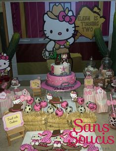 a hello kitty themed birthday party with pink and brown desserts, cupcakes and cake