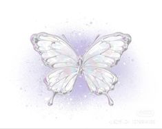 a white butterfly with iridescent wings flying through the air on a purple background