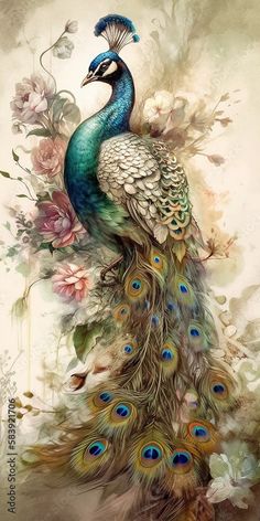 a painting of a peacock with flowers on it