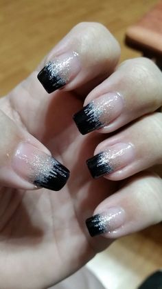 Black Nails With Glitter Silver Sparkle French Manicures, Black And Silver French Nails, Cute Hoco Nails For Black Dress, Black And Silver French Tip Nails, Black Sparkle French Tip Nails, Black French Tip Nails With Glitter, Black Silver Nails, Black French Tip Nails