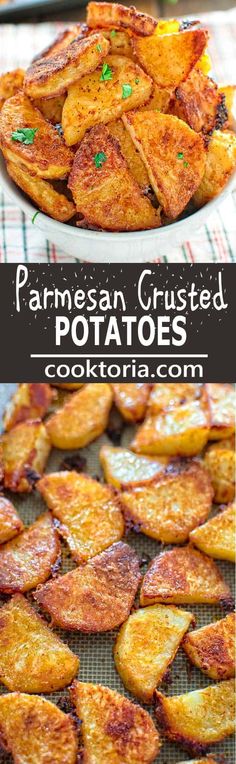 baked parmesan crusted potatoes on a baking sheet with the title above it