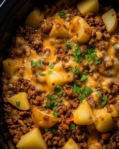 a crock pot filled with ground beef and potatoes