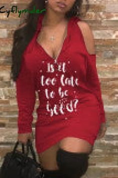 Cyflymder - Red Fashion Casual Letter Print Hollowed Out Hooded Collar Long Sleeve Dresses / S Long Sleeve Dresses, Hip Dress, Sleeve Dresses, Red Fashion, Long Sleeve Casual, Shoulder Sleeve, Letter Print, Fashion Prints, Letter Prints