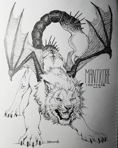 Manticore Tattoo Design, Fantasy Creatures Tattoo, Hybrid Monster Art, Manticore Drawings, Mythical Beast Tattoo, Dark Animal Drawings, Mystical Creature Drawing, Manticore Tattoo, Mythological Creatures Tattoo