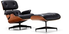 the eames chair and ottoman is shown in black leather