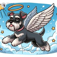 a dog with angel wings flying through the sky