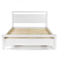 a white bed with wooden headboard and foot board on the bottom side, against a white background