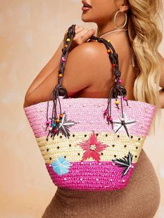 Stay stylish this summer with our Women's Multicolor Woven Tote Bag. Featuring a zippered closure Trendy Summer Shoulder Bag With Zipper Closure, Trendy Summer Shoulder Bag With Zipper, Pink Summer Shoulder Bag With Adjustable Strap, Summer Pink Shoulder Bag With Adjustable Strap, Casual Pink Shoulder Bag With Zipper Pouch, Trendy Tote Beach Bag With Zipper, Trendy Tote Beach Bag With Zipper Closure, Trendy Beach Bag Tote With Zipper Closure, Casual Summer Shoulder Bag With Zipper Closure