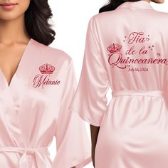 Beautiful quinceanera robes. Personalized satin robes for tia de la quinceanera. Dama Outfits Quinceanera, Chambelanes Outfits Quinceanera Vaquero, Sweet 15 Themes, Chambelanes Outfits Quinceanera, Pink Quince Theme, Chambelanes Outfits, Quinceanera Court, Quince Stuff, Robes Satin