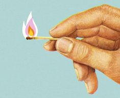 a drawing of a hand holding a match with a lit match stick sticking out of it