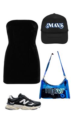 a woman's outfit, hat and purse with shoes