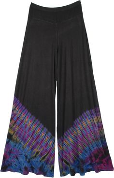 These loose and broad leg pants in black look very elegant and trendy, wide leg tie-dye palazzos feature easy pull-on styling and colorful accents. A very comfortable pair of pants in luxuriously soft fabric, these tie-dye palazzos are perfect - comfortable, bohemian and fun. #tlb #SplitSkirtsPants #vacationclothing #beachwrap #TieDye #Tiedyepalazzopants #widelegtiedyepantspants #festivalbohopants #wideleghippiepants Black Bohemian Wide Leg Pants, Tie Dye Stretch Wide Leg Bottoms, Black Flare Wide Leg Pants For Summer, Tie Dye Wide-leg Pants, Tie Dye Wide Leg Bottoms With Elastic Waistband, Bohemian Wide Leg Tie Dye Bottoms, Black Wide Leg Bohemian Harem Pants, Ego Clothing, Royal Blue Tie